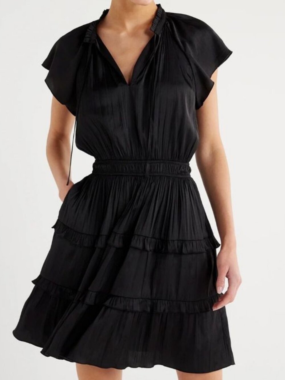 SZ XL (16-18) Flutter Sleeve, Tiered Satin Mini Dress, Black, Great Condition